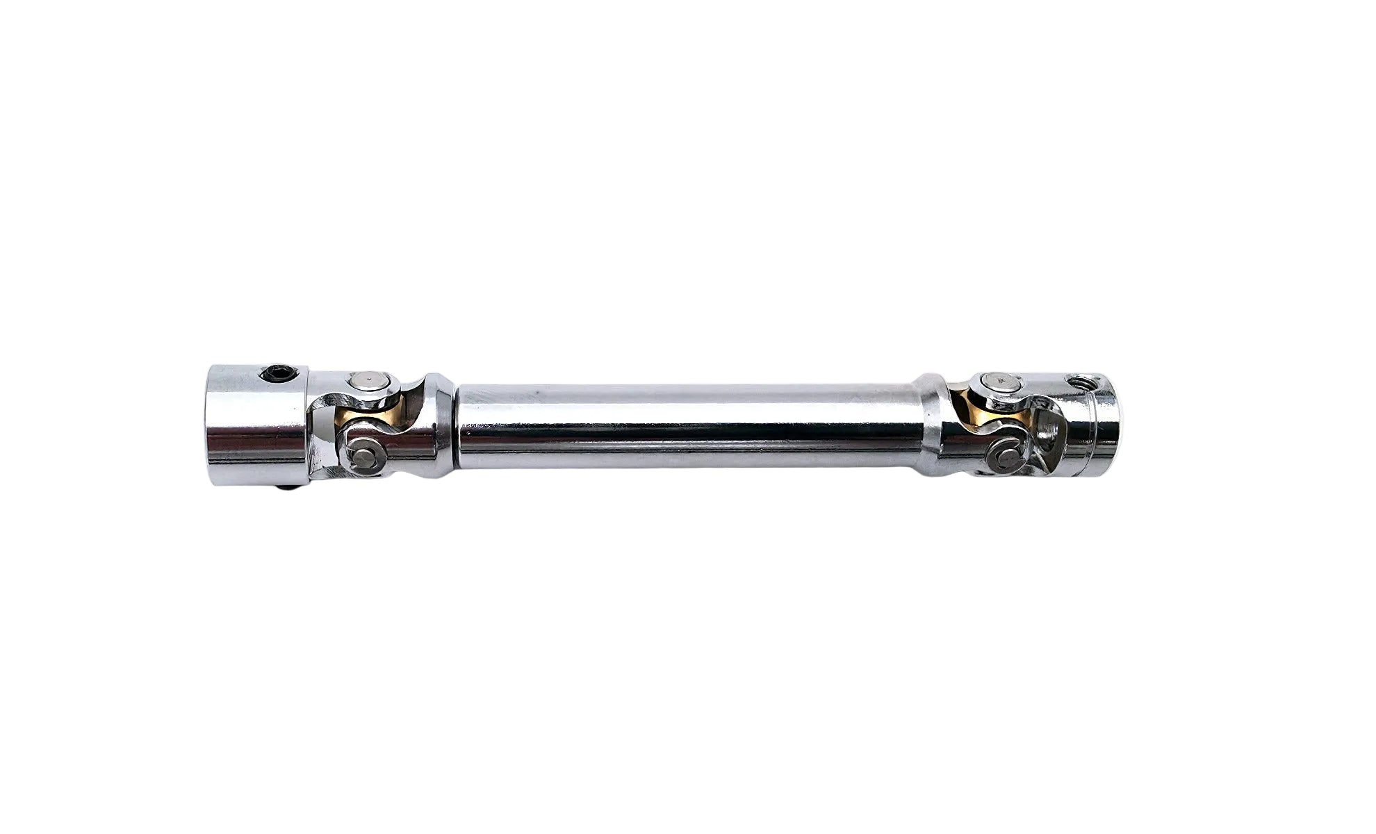 A polished chrome metal U-joint power splitter shaft on a clean white background.