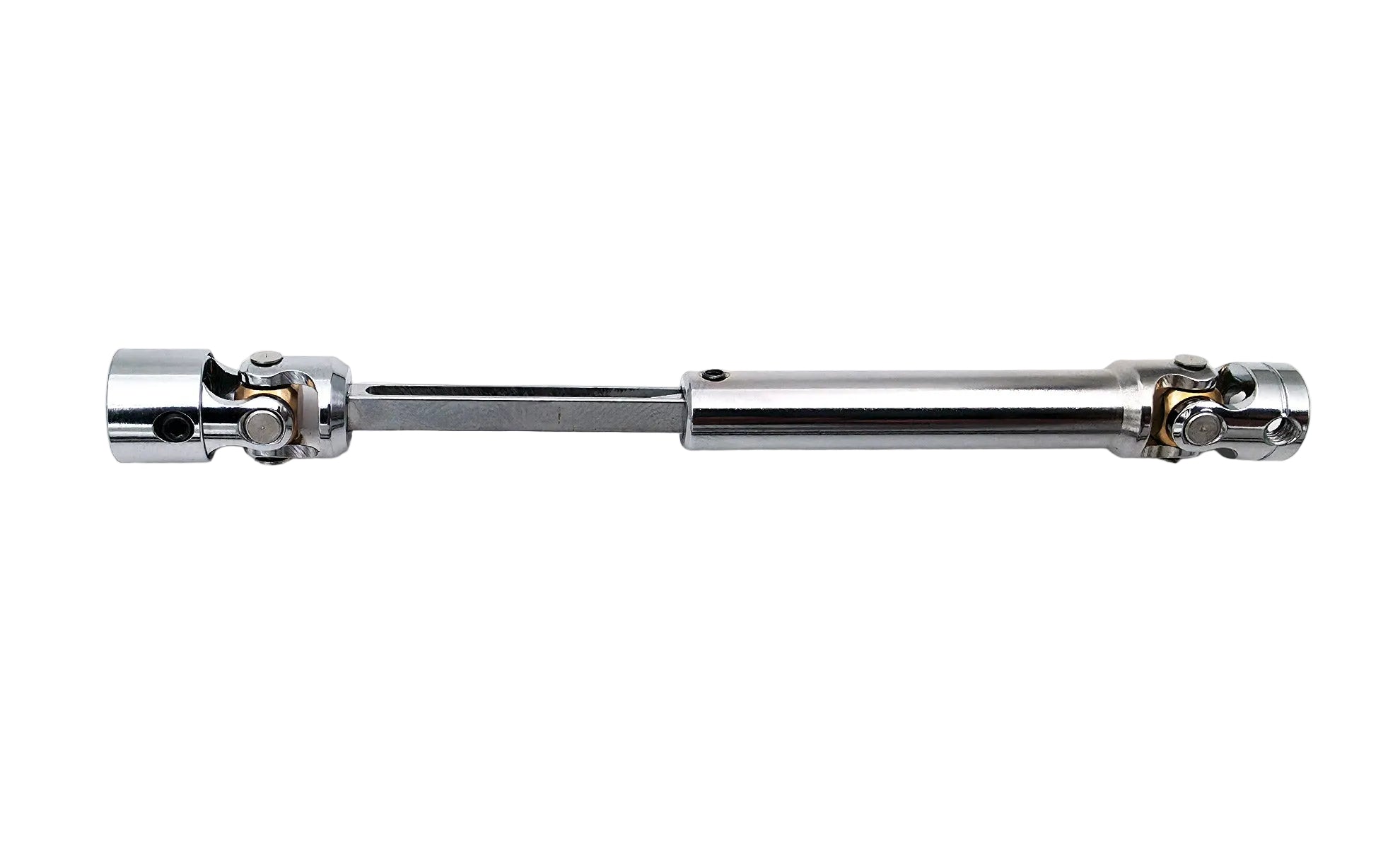 A chrome metal universal joint drive shaft assembly with two splined ends, shown horizontally on a plain white background.